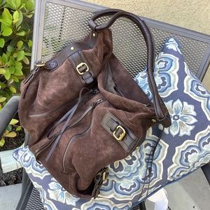 Club Monaco Handbag Brown Suede Leather Zippers Buckles